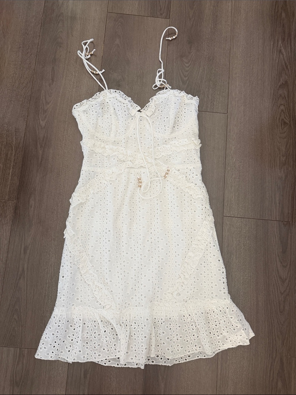 Hashttag White Eyelet Ruffle Sundress with Gold Bead Accents